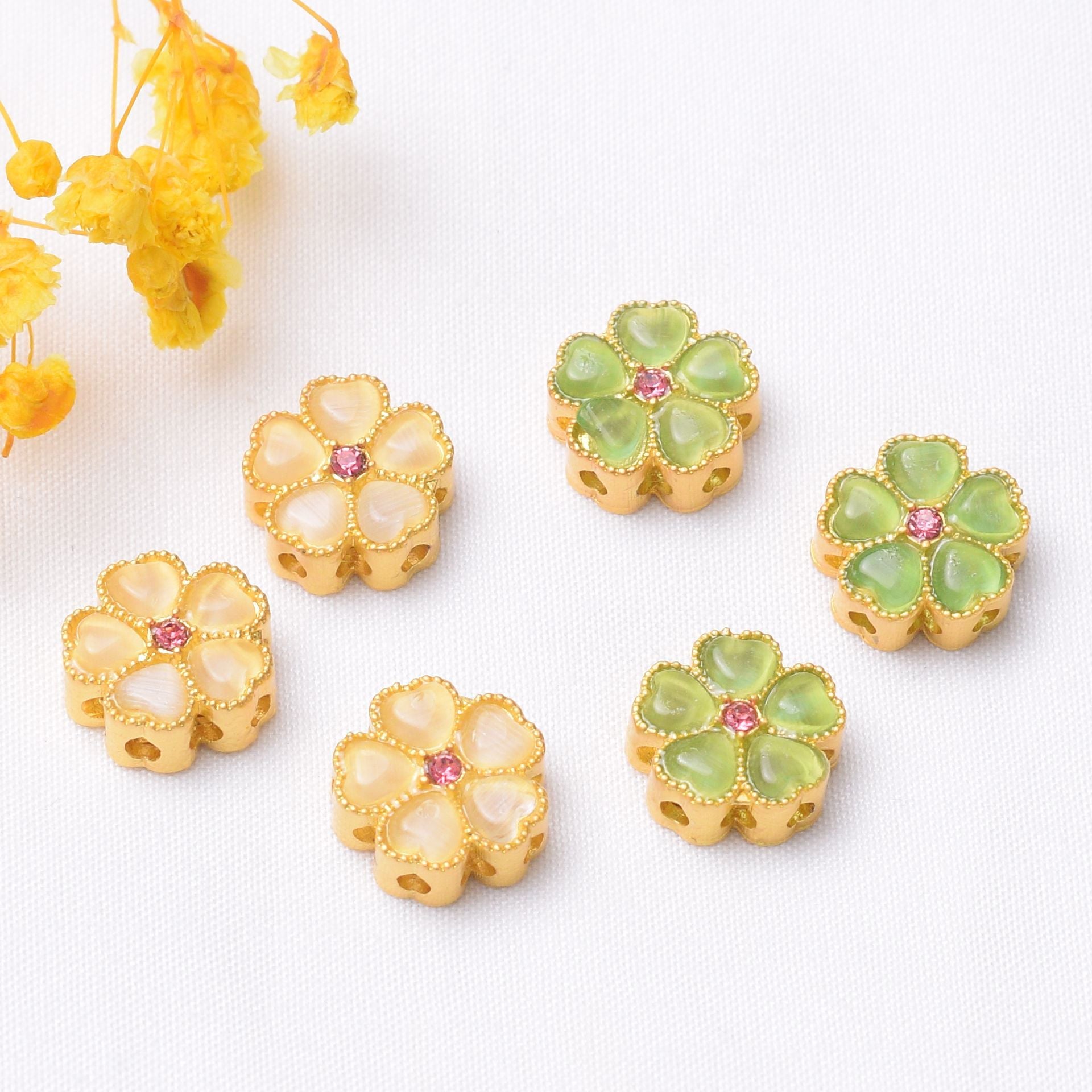 10PCS Placer Gold Spacer Beads With Hole Flower Cat Eye Stones Charm For Jewelry Making DIY Beads Doki Decor   