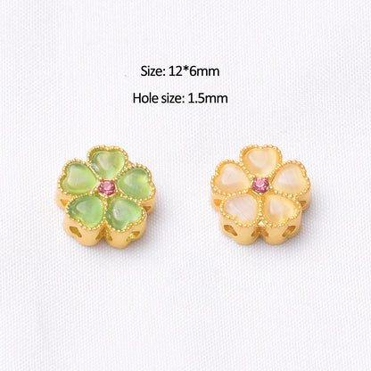 10PCS Placer Gold Spacer Beads With Hole Flower Cat Eye Stones Charm For Jewelry Making DIY Beads Doki Decor   