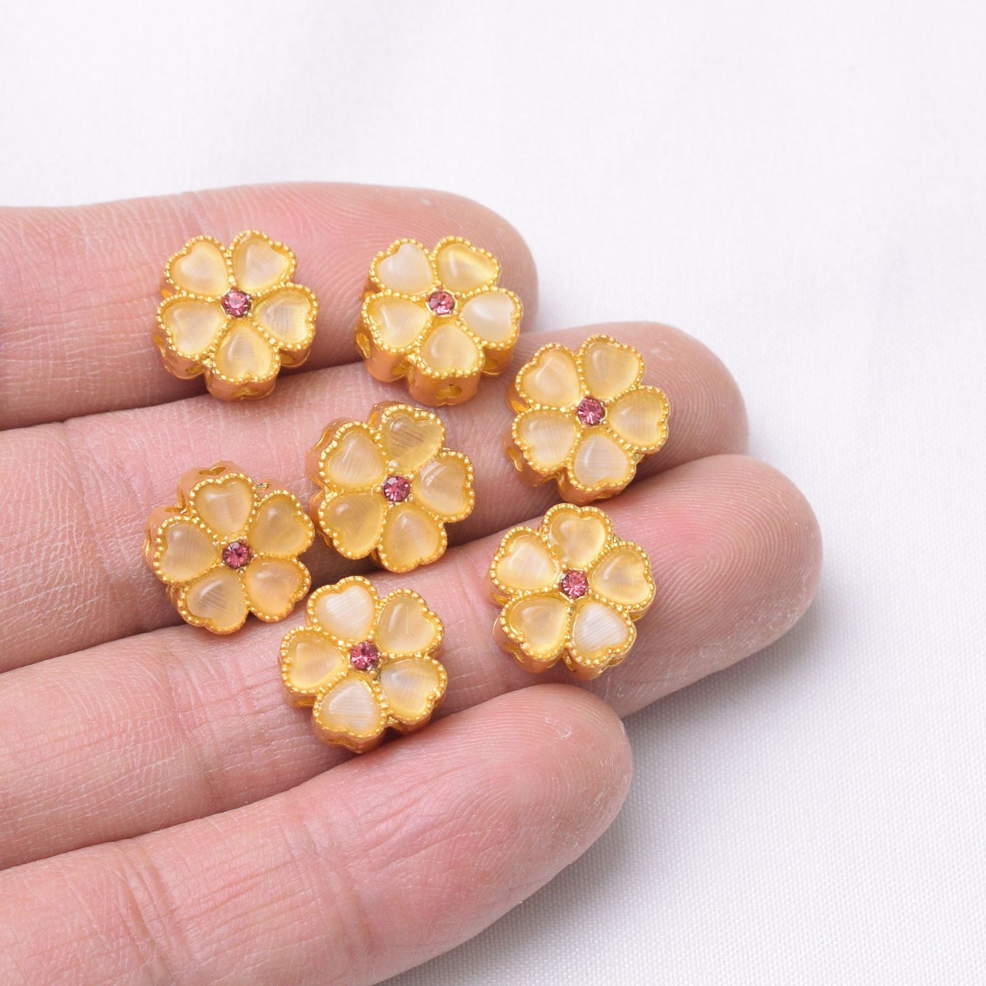 10PCS Placer Gold Spacer Beads With Hole Flower Cat Eye Stones Charm For Jewelry Making DIY Beads Doki Decor   