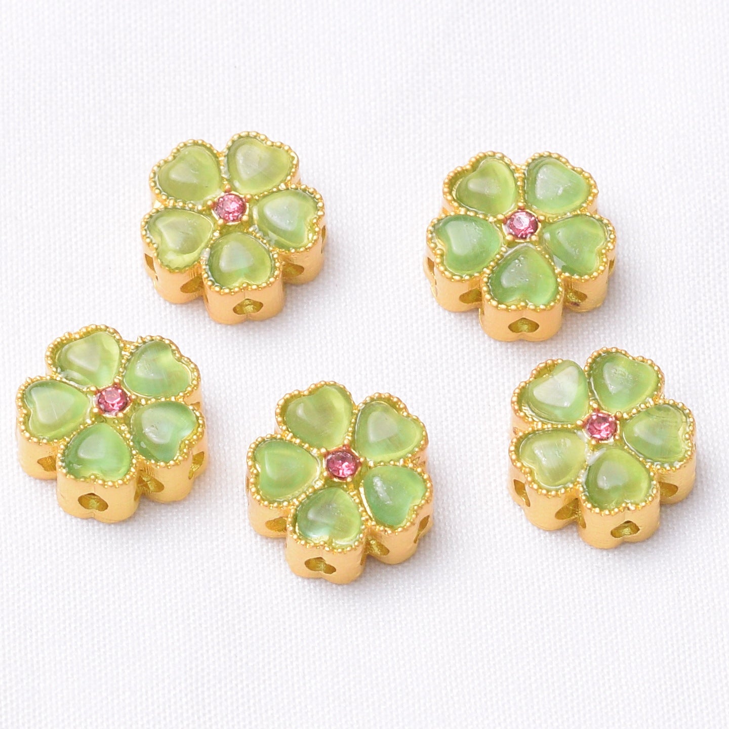 10PCS Placer Gold Spacer Beads With Hole Flower Cat Eye Stones Charm For Jewelry Making DIY Beads Doki Decor Green  