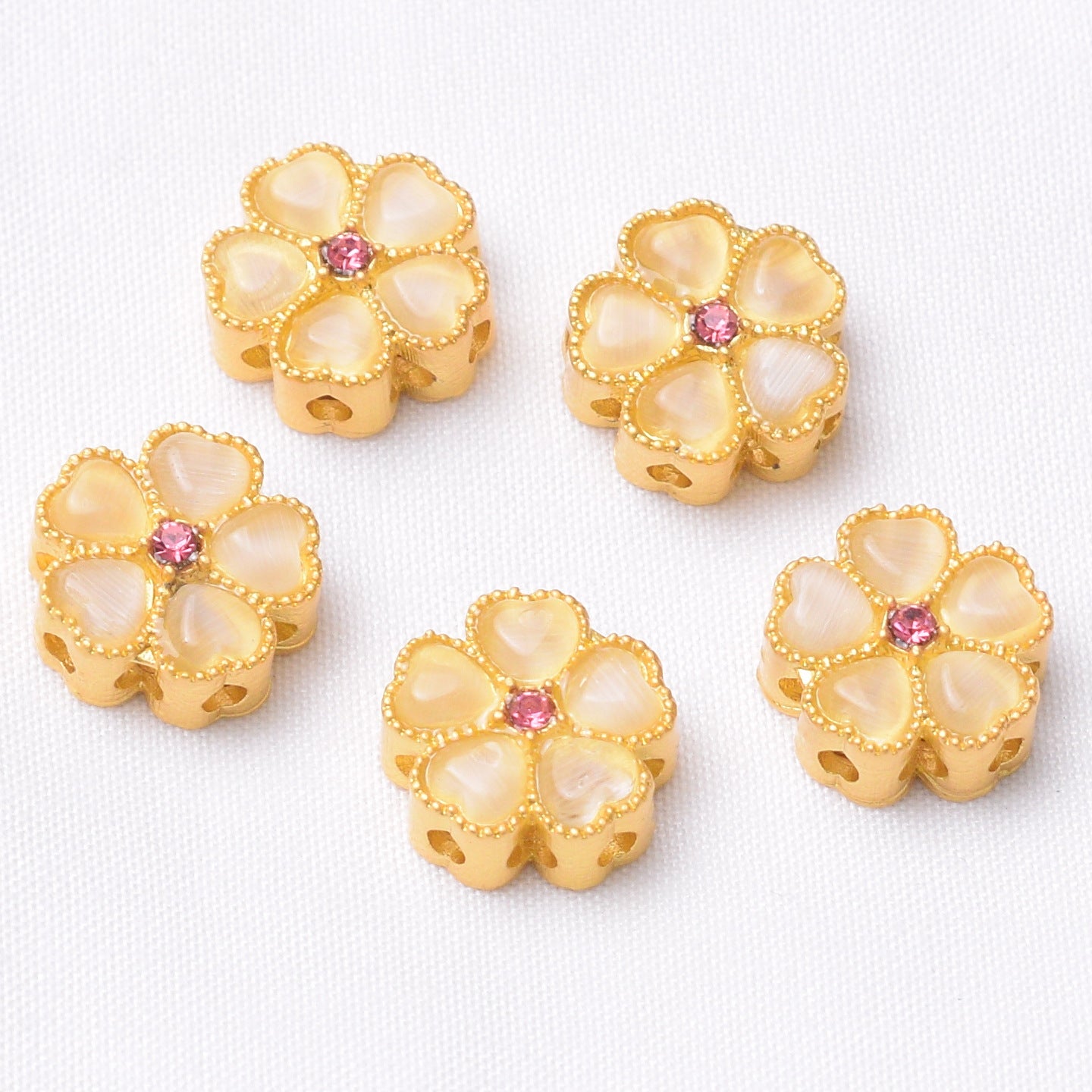 10PCS Placer Gold Spacer Beads With Hole Flower Cat Eye Stones Charm For Jewelry Making DIY Beads Doki Decor White  