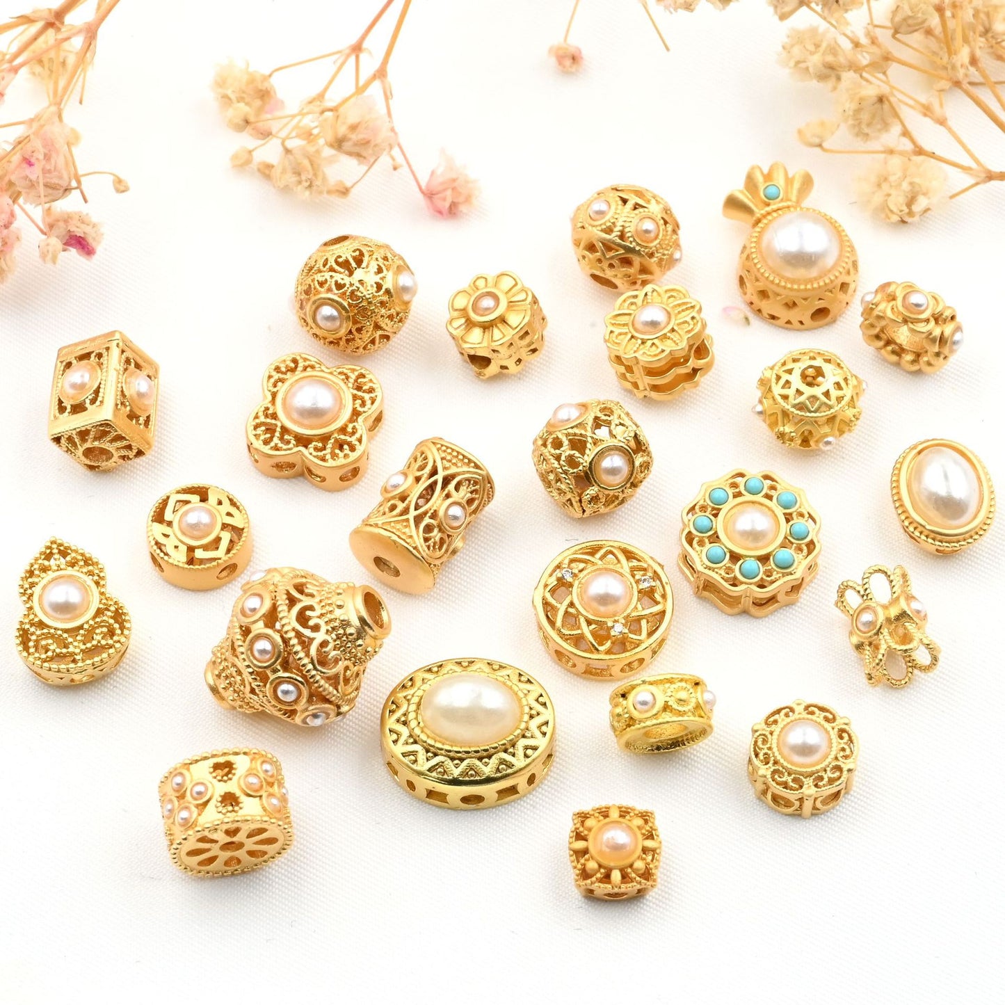 5PCS Placer Gold Spacer Beads Pearls Hollow Large Hole Luxury For Jewelry Making DIY Beads Doki Decor   