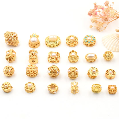 5PCS Placer Gold Spacer Beads Pearls Hollow Large Hole Luxury For Jewelry Making DIY Beads Doki Decor   