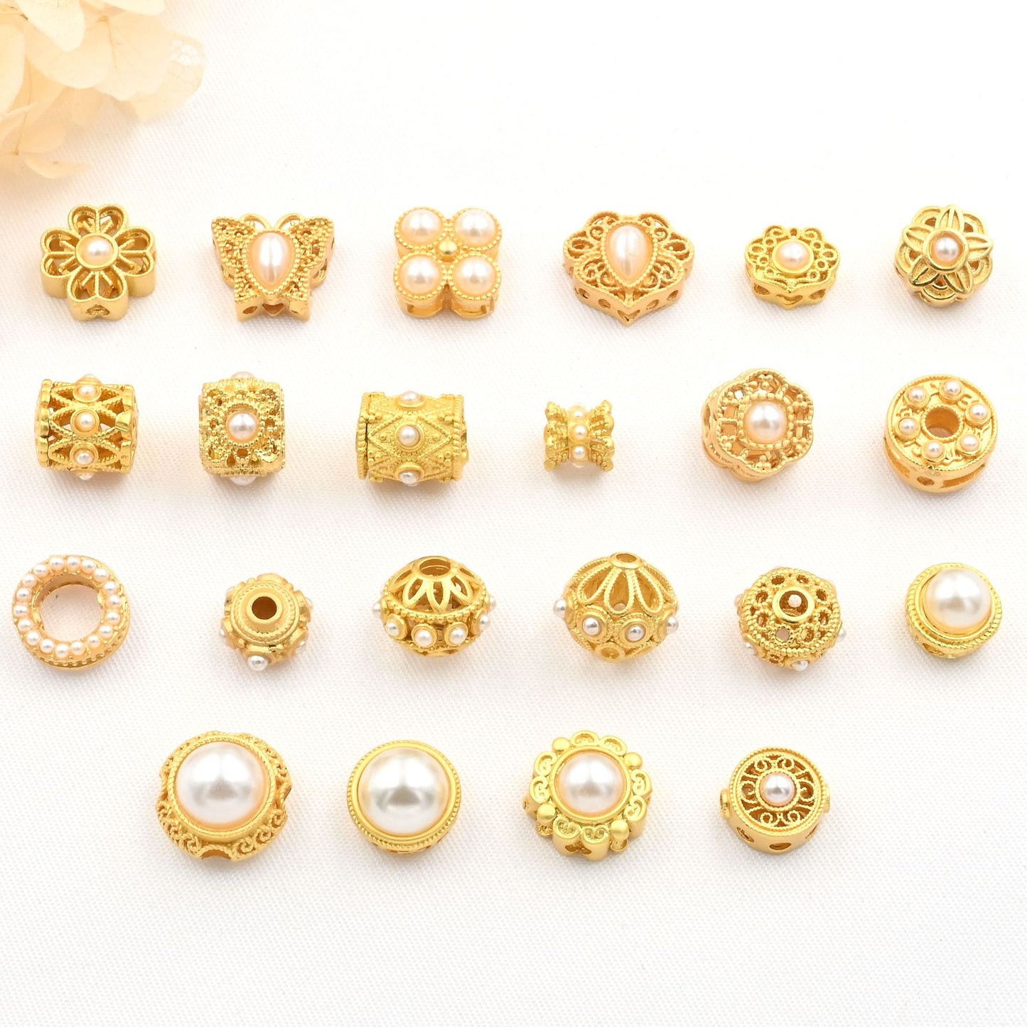 5PCS Placer Gold Spacer Beads Pearl Hollow Round Luxury Large Hole For Jewelry Making DIY Beads Doki Decor   