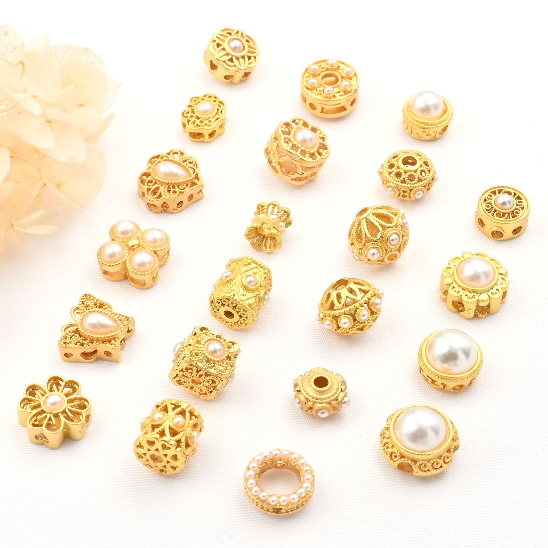 5PCS Placer Gold Spacer Beads Pearl Hollow Round Luxury Large Hole For Jewelry Making DIY Beads Doki Decor   