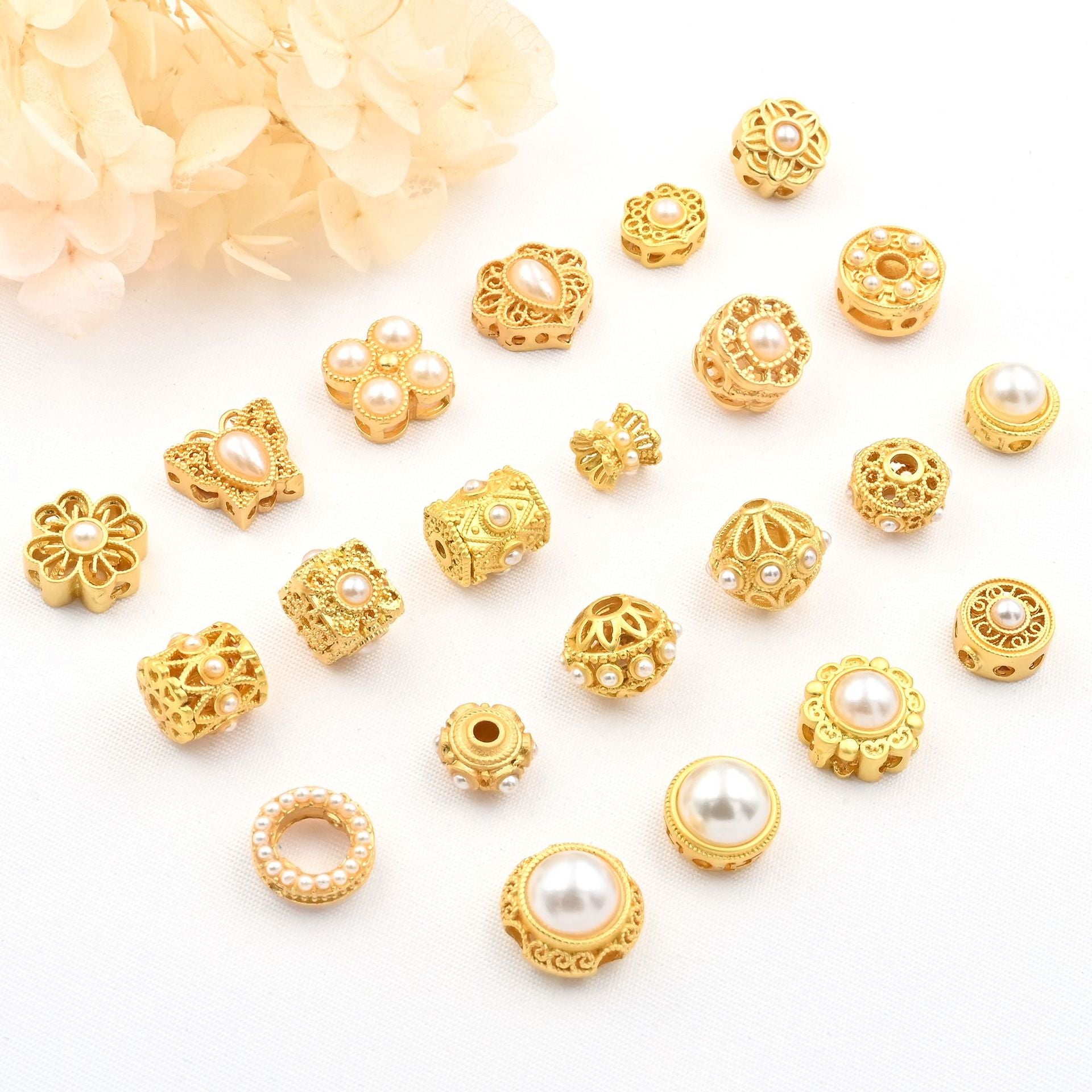 5PCS Placer Gold Spacer Beads Pearl Hollow Round Luxury Large Hole For Jewelry Making DIY Beads Doki Decor   