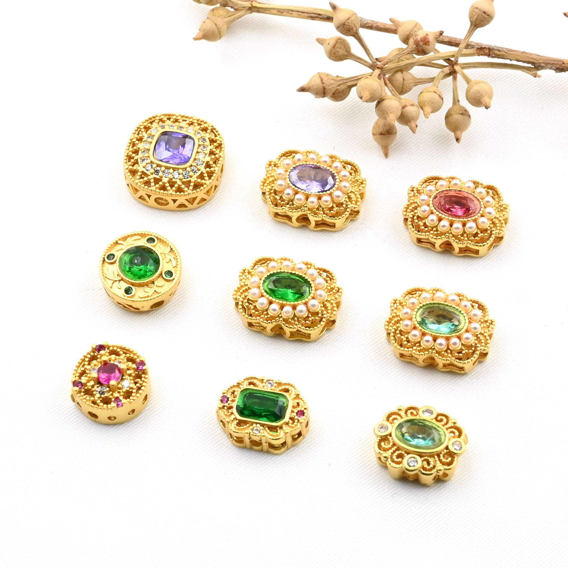 5PCS Placer Gold Spacer Beads Rhinestone Pearl Noble Large Hole Luxury For Jewelry Making DIY Beads Doki Decor   