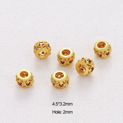 10PCS Placer Gold Spacer Beads Rhinestone Silver Red Green Colorful Large Hole For Jewelry Making DIY Beads Doki Decor Gold Red Rhinestone-4.5mm 