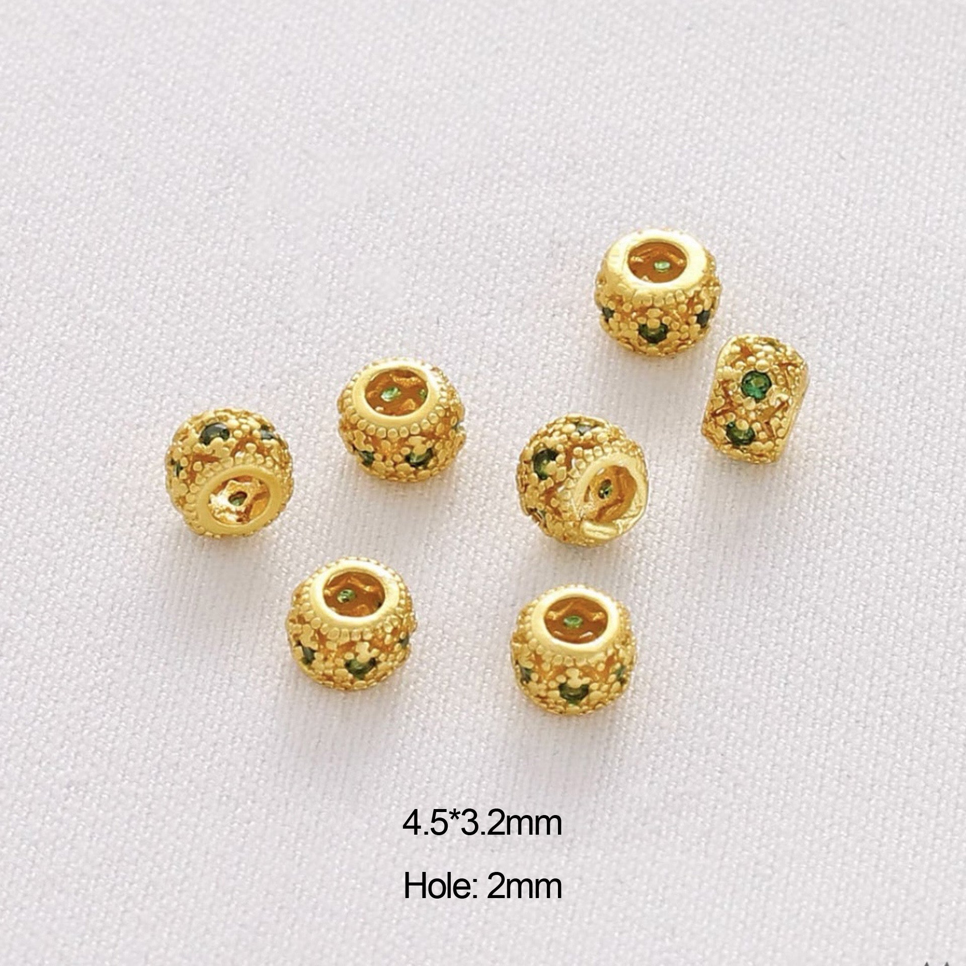 10PCS Placer Gold Spacer Beads Rhinestone Silver Red Green Colorful Large Hole For Jewelry Making DIY Beads Doki Decor Gold Green Rhinestone-4.5mm 