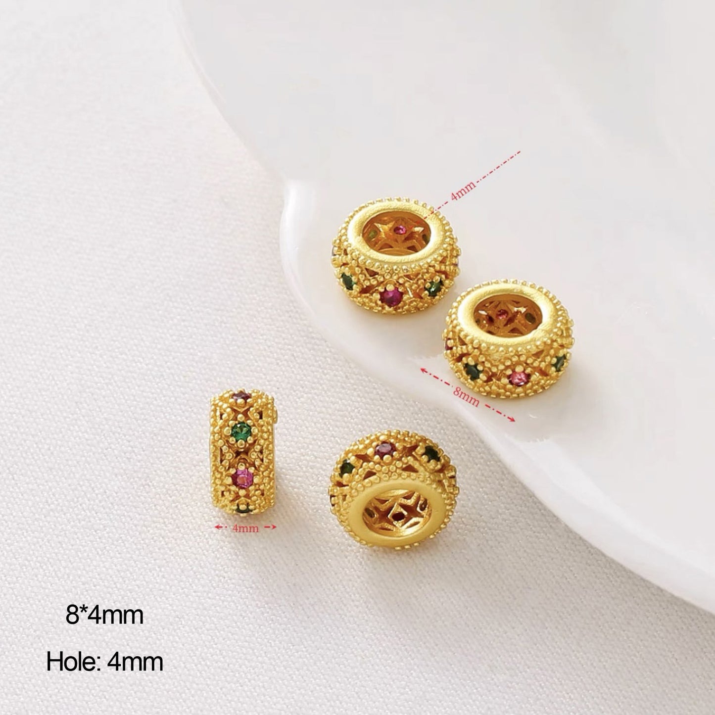 10PCS Placer Gold Spacer Beads Rhinestone Silver Red Green Colorful Large Hole For Jewelry Making DIY Beads Doki Decor Gold Colorful Rhinestone-8mm 