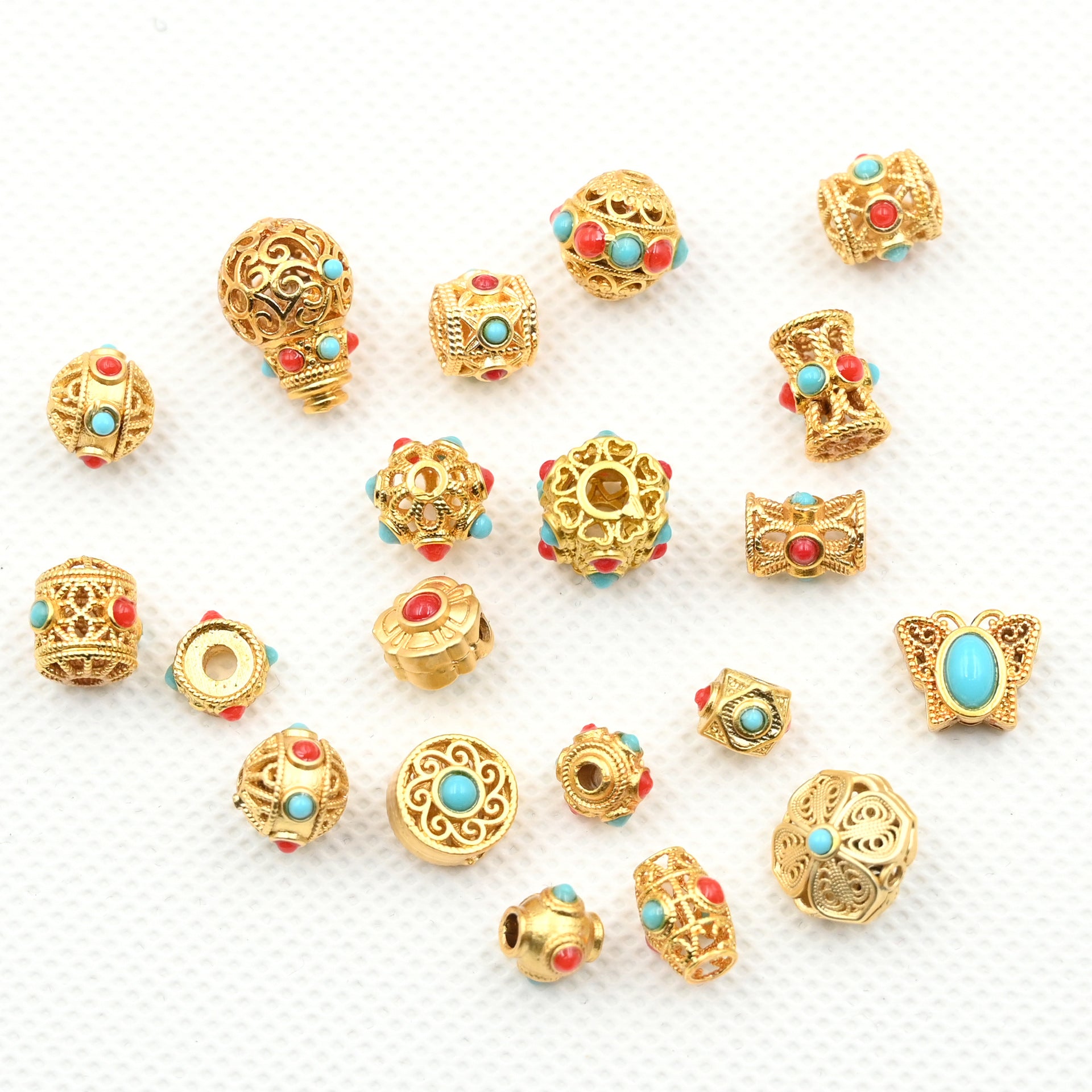 5PCS Placer Gold Spacer Beads Turquoise Gems Hollow Large Hole Luxury For Jewelry Making DIY Beads Doki Decor   