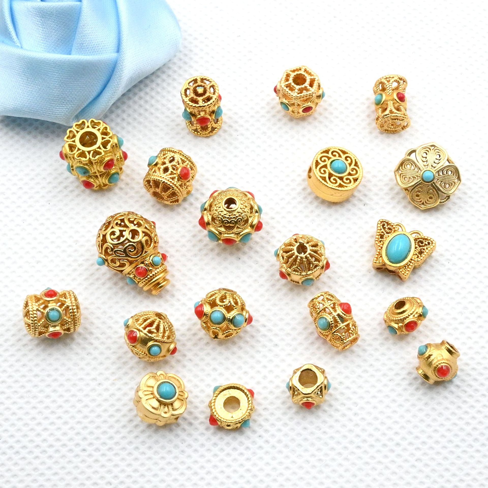 5PCS Placer Gold Spacer Beads Turquoise Gems Hollow Large Hole Luxury For Jewelry Making DIY Beads Doki Decor   