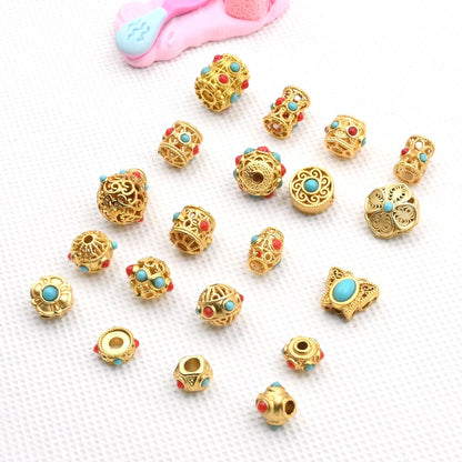 5PCS Placer Gold Spacer Beads Turquoise Gems Hollow Large Hole Luxury For Jewelry Making DIY Beads Doki Decor   